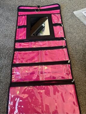 Hanging Pink Clear Pocket Organizer with Mirror